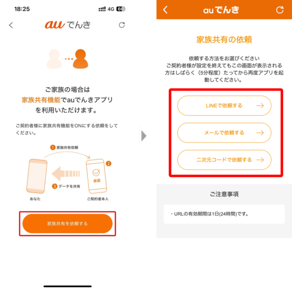 家族共有機能の依頼方法選択画面
